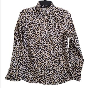 J Crew 100% Cotton Black Tan Leopard Print Button-Up Shirt Size Small